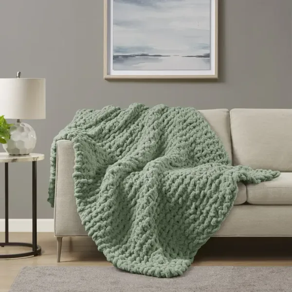 Madison Park Chenille Chunky Knit Sage Green Throw