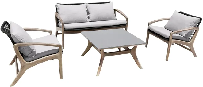 Brighton 4 Piece Outdoor Patio Seating Set in Light Eucalyptus Wood with Charcoal Rope and White Cushions