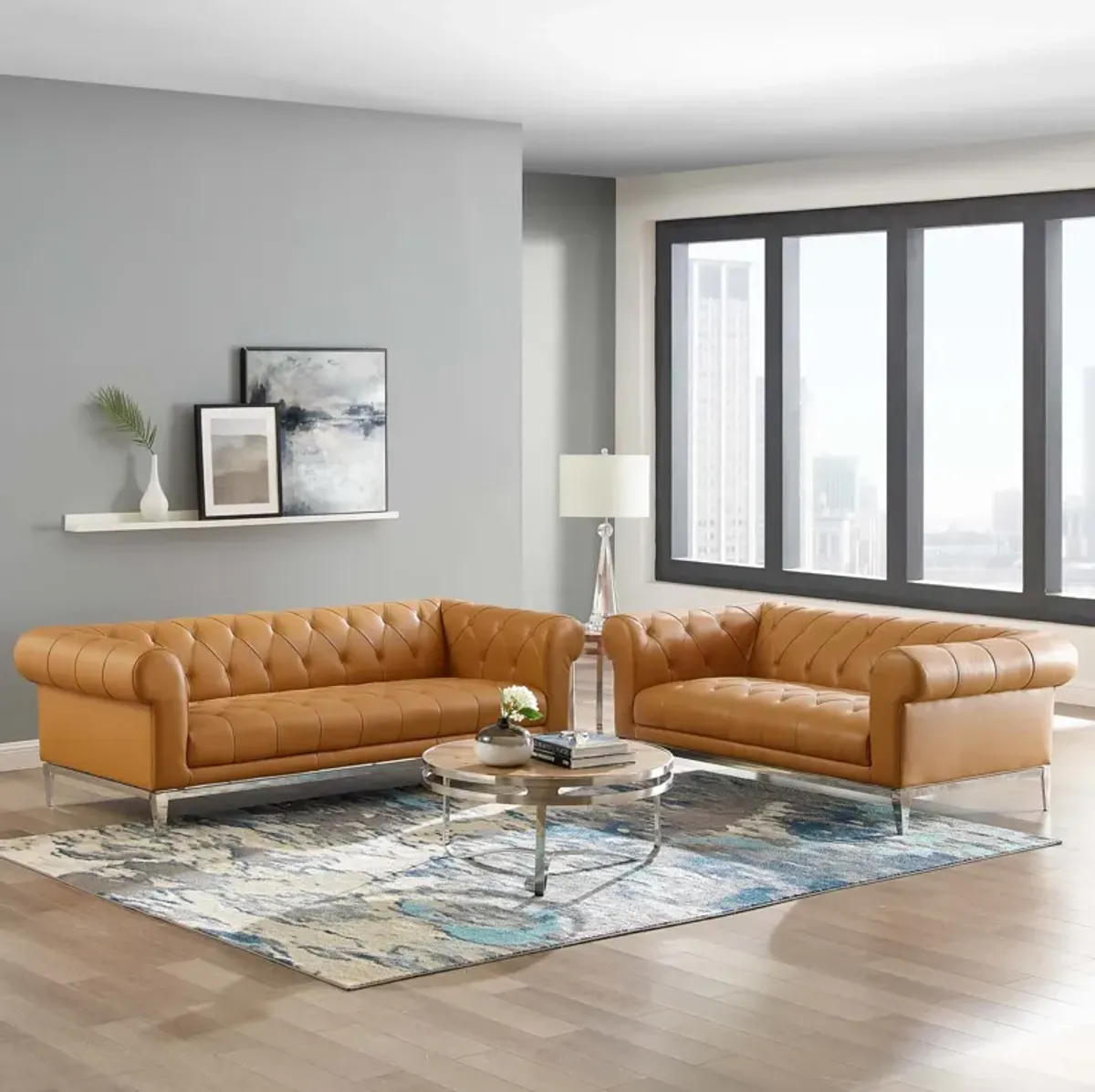 Idyll Tufted Upholstered Leather Sofa and Loveseat Set