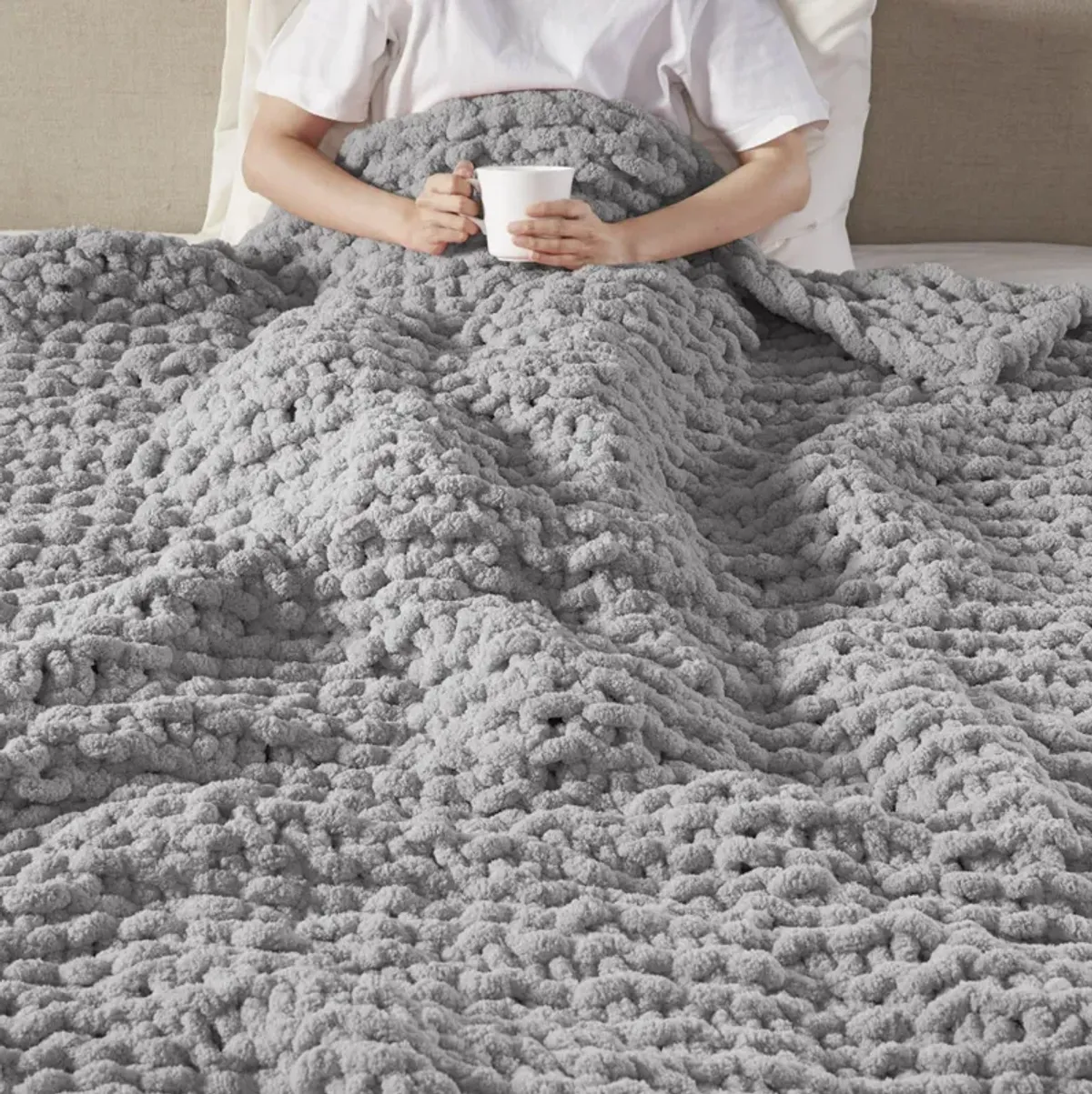 Madison Park Chenille Chunky Knit Grey Throw