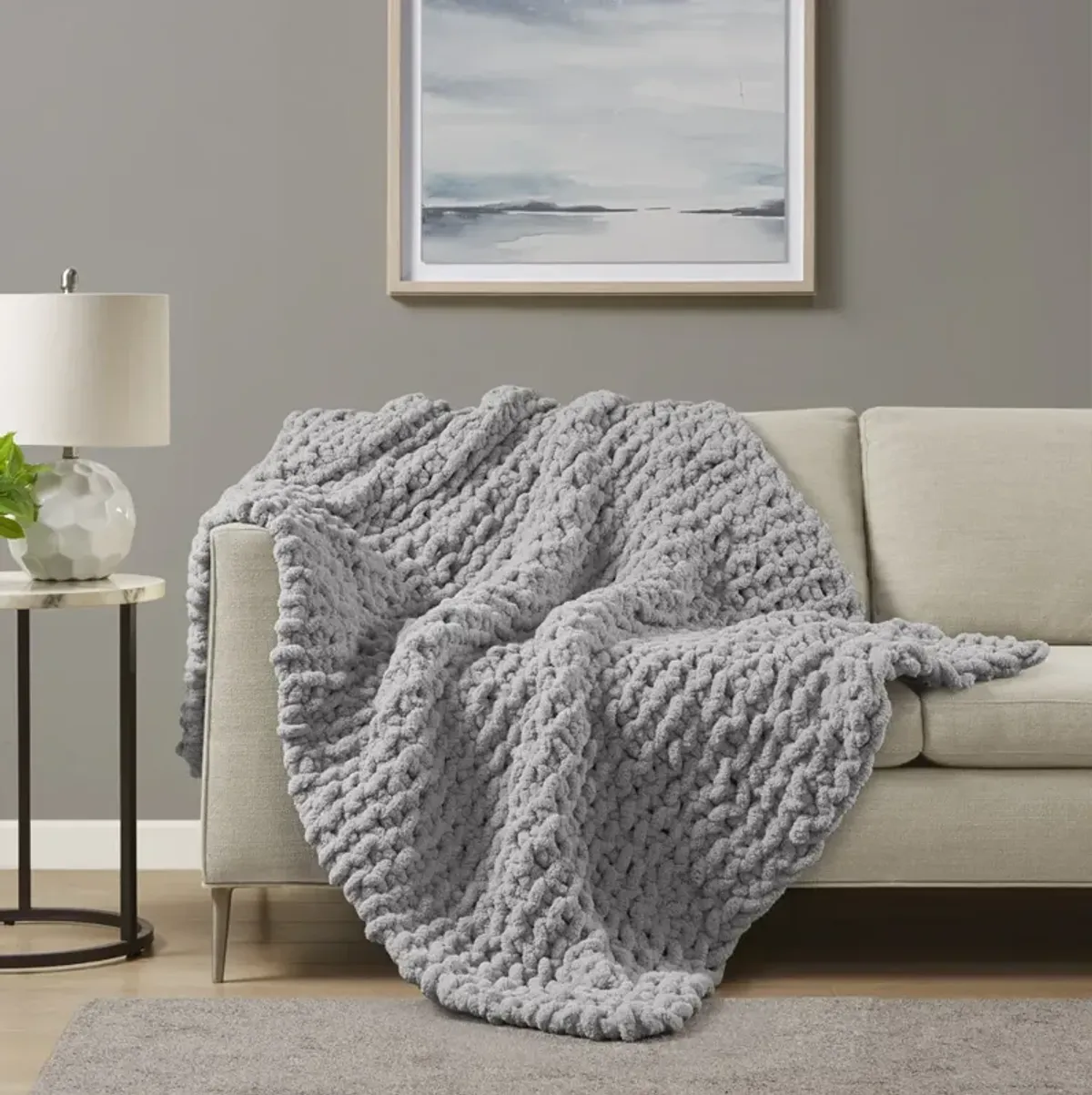 Madison Park Chenille Chunky Knit Grey Throw