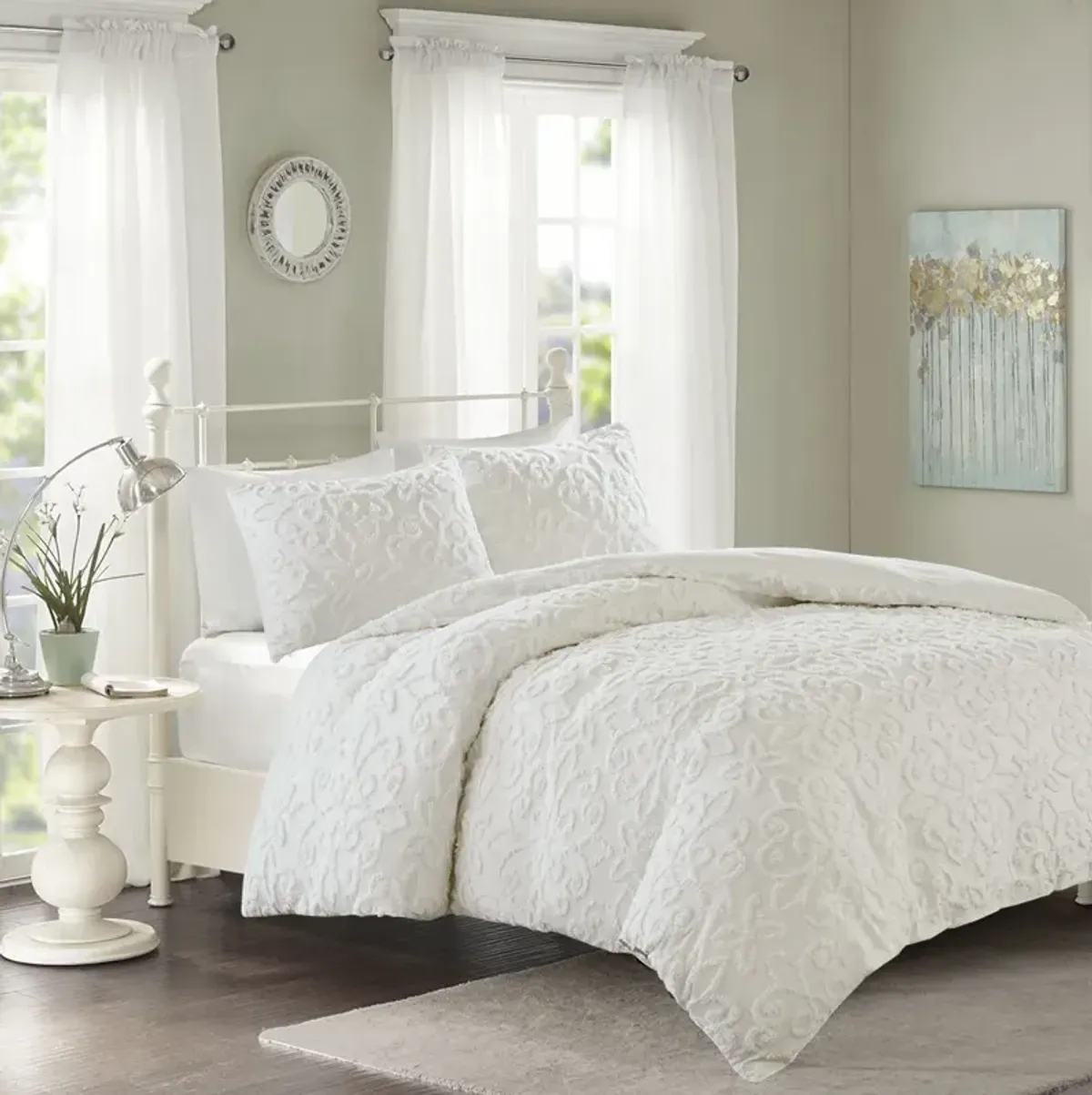 Madison Park Sabrina Off-White 3 Piece Tufted Cotton Chenille Duvet Cover Set