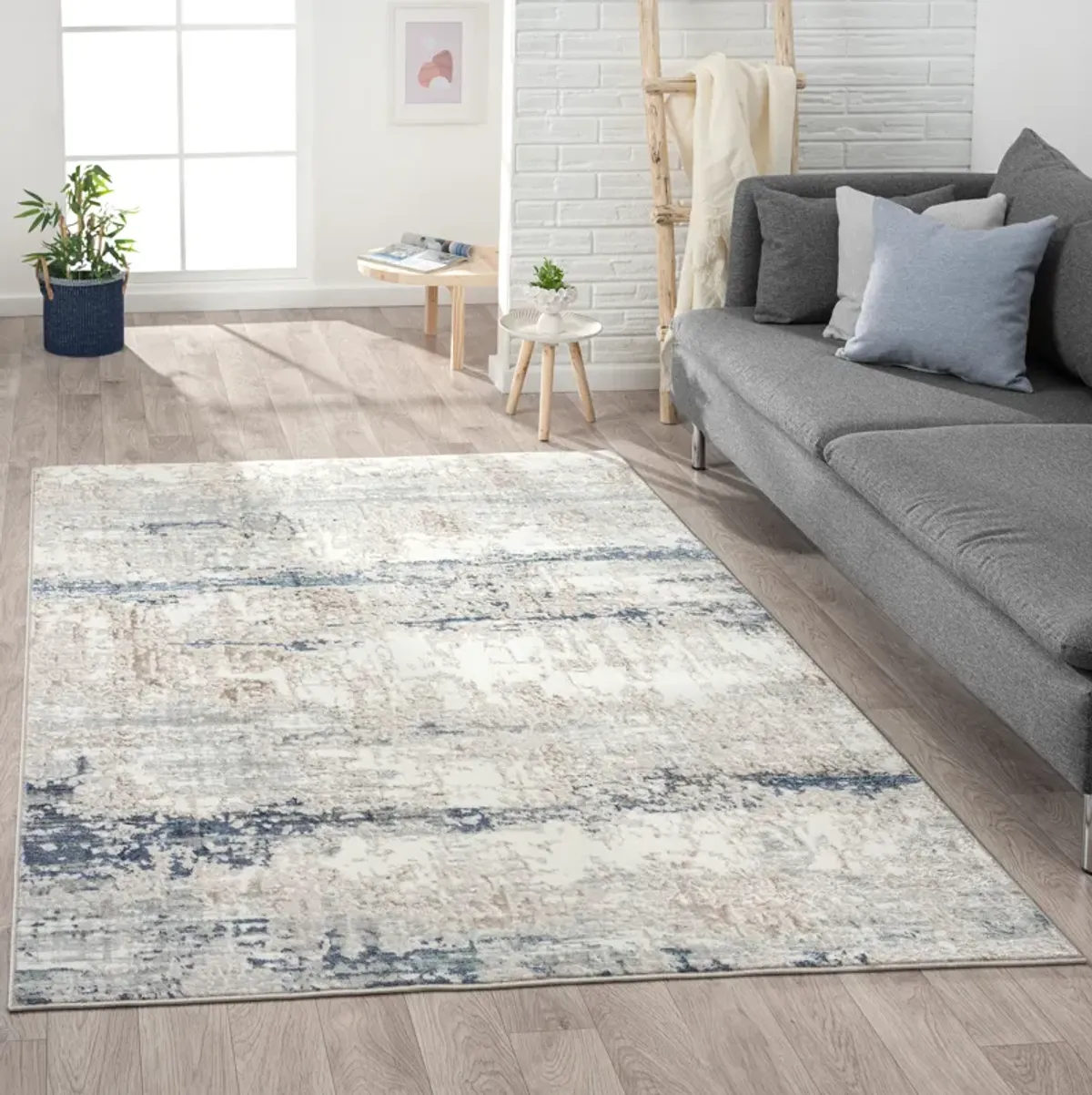 Avery Beige/ Blue Modern Abstract Indoor Area Rug 5' x 7'