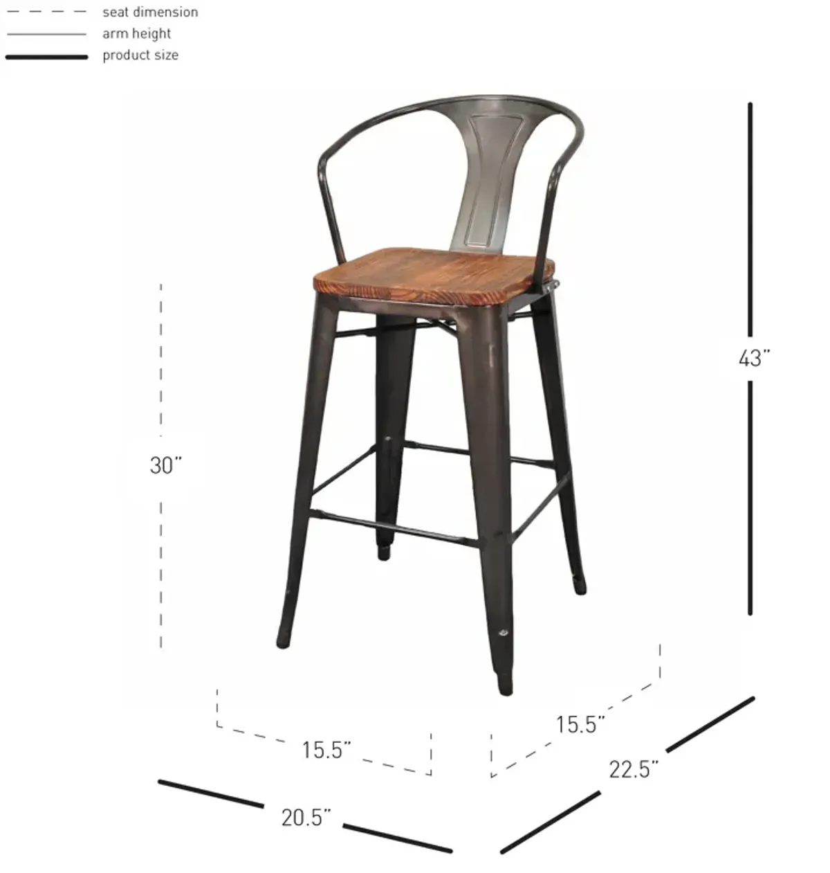 Metropolis Metal Bar Stool Wood Seat, Gunmetal (Set of 4)