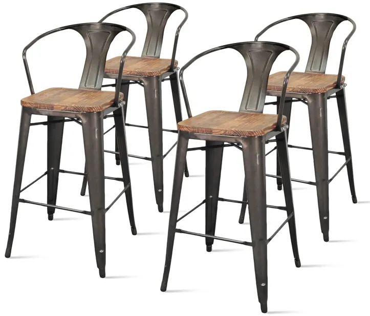 Metropolis Metal Bar Stool Wood Seat, Gunmetal (Set of 4)