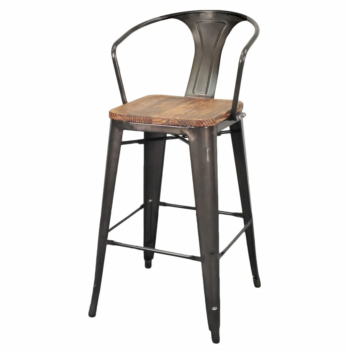 Metropolis Metal Bar Stool Wood Seat, Gunmetal (Set of 4)