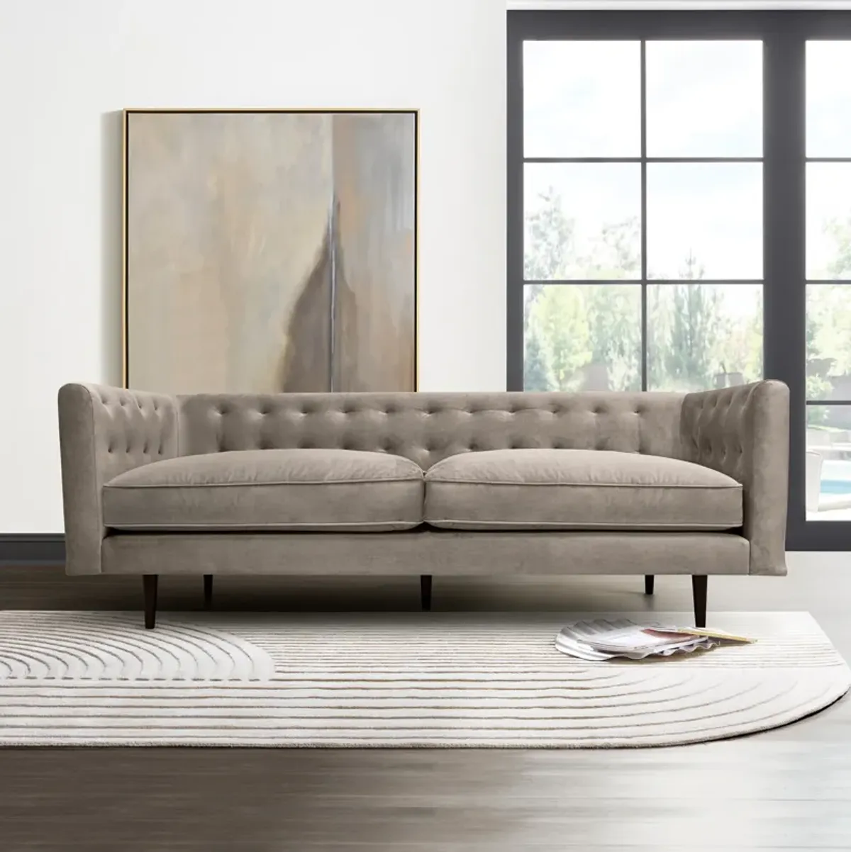 Annabelle 80" Fossil Gray Velvet Sofa with Black Wood Legs