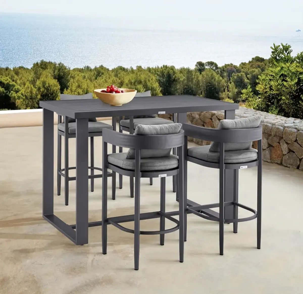 Argiope Outdoor Patio 5-Piece Bar Table Set in Aluminum with Gray Cushions