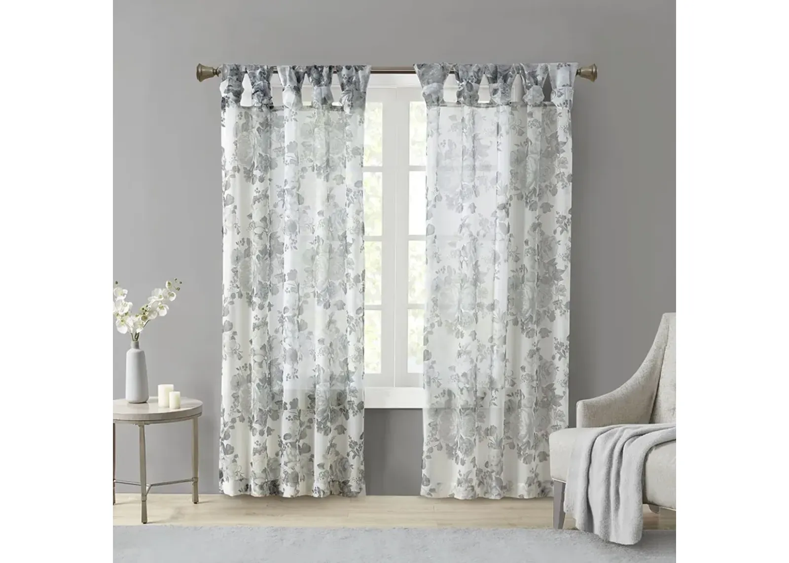 Madison Park Simone White Printed Floral Twist Tab Top Voile Sheer Curtain