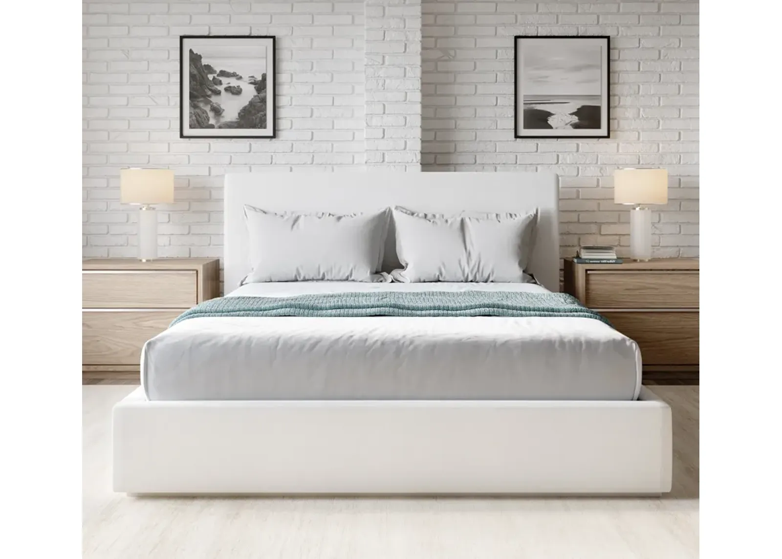 One Upholstered Queen-size Platform Bed in Pearl