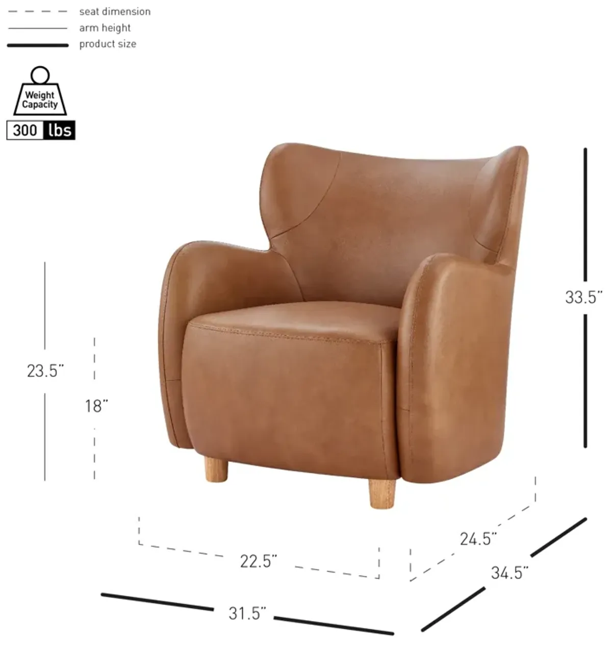 Tiffany KD Top Grain Leather Accent Arm Chair, Garrett Caramel