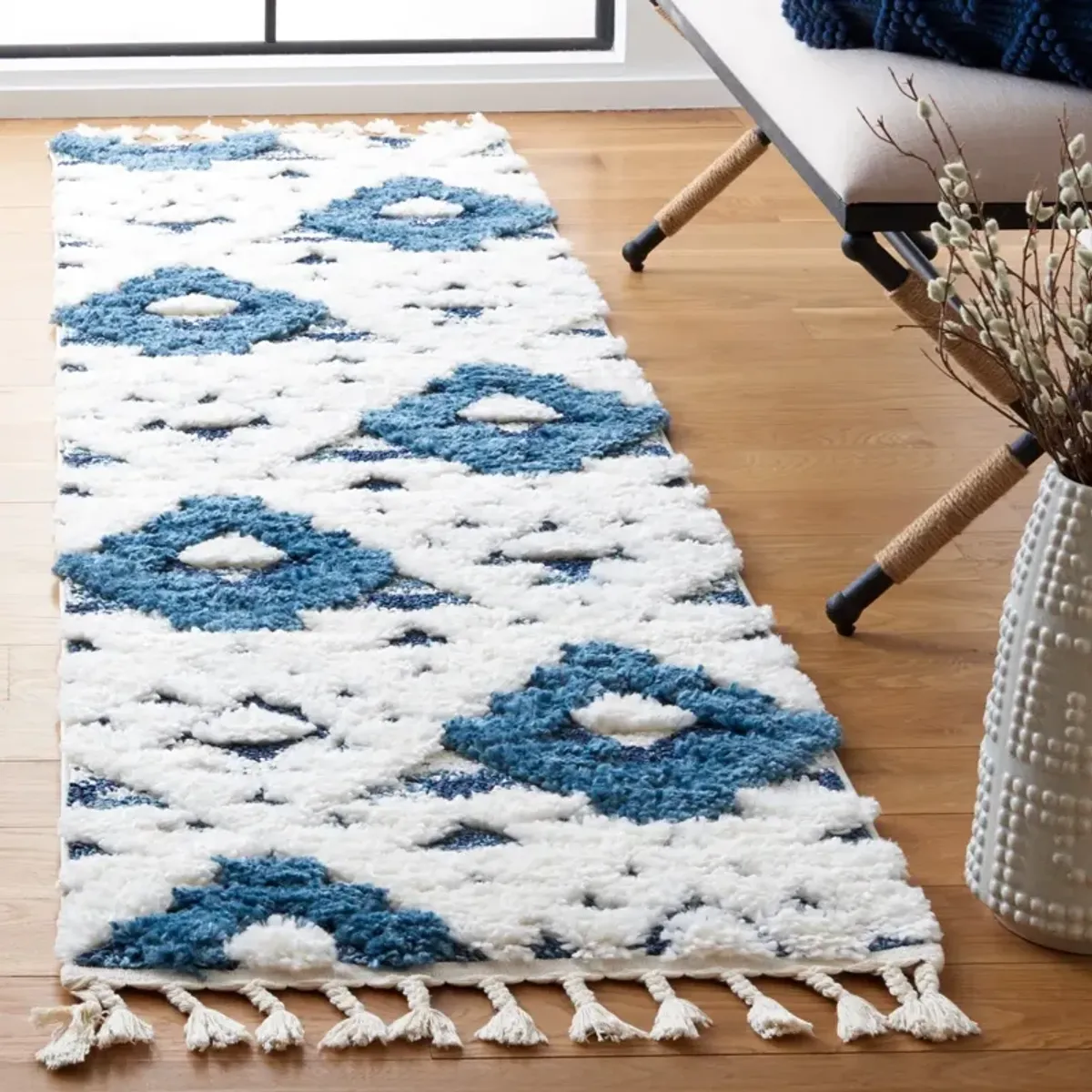 MOROCCAN TASSEL SHAG 688 BLUE  2'-3' x 12' Runner Rug