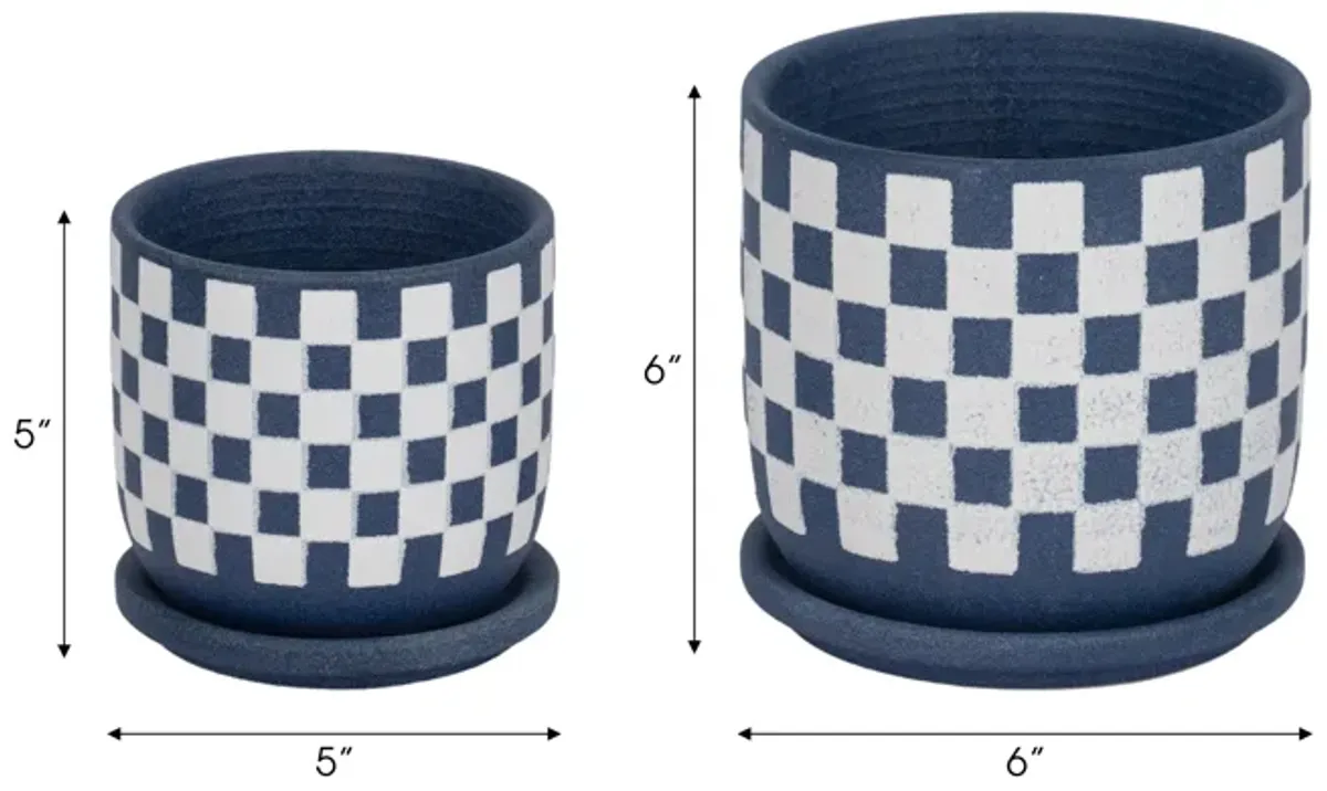 S/2 5/6" Checkerboard Saucer Planters, Blue/white