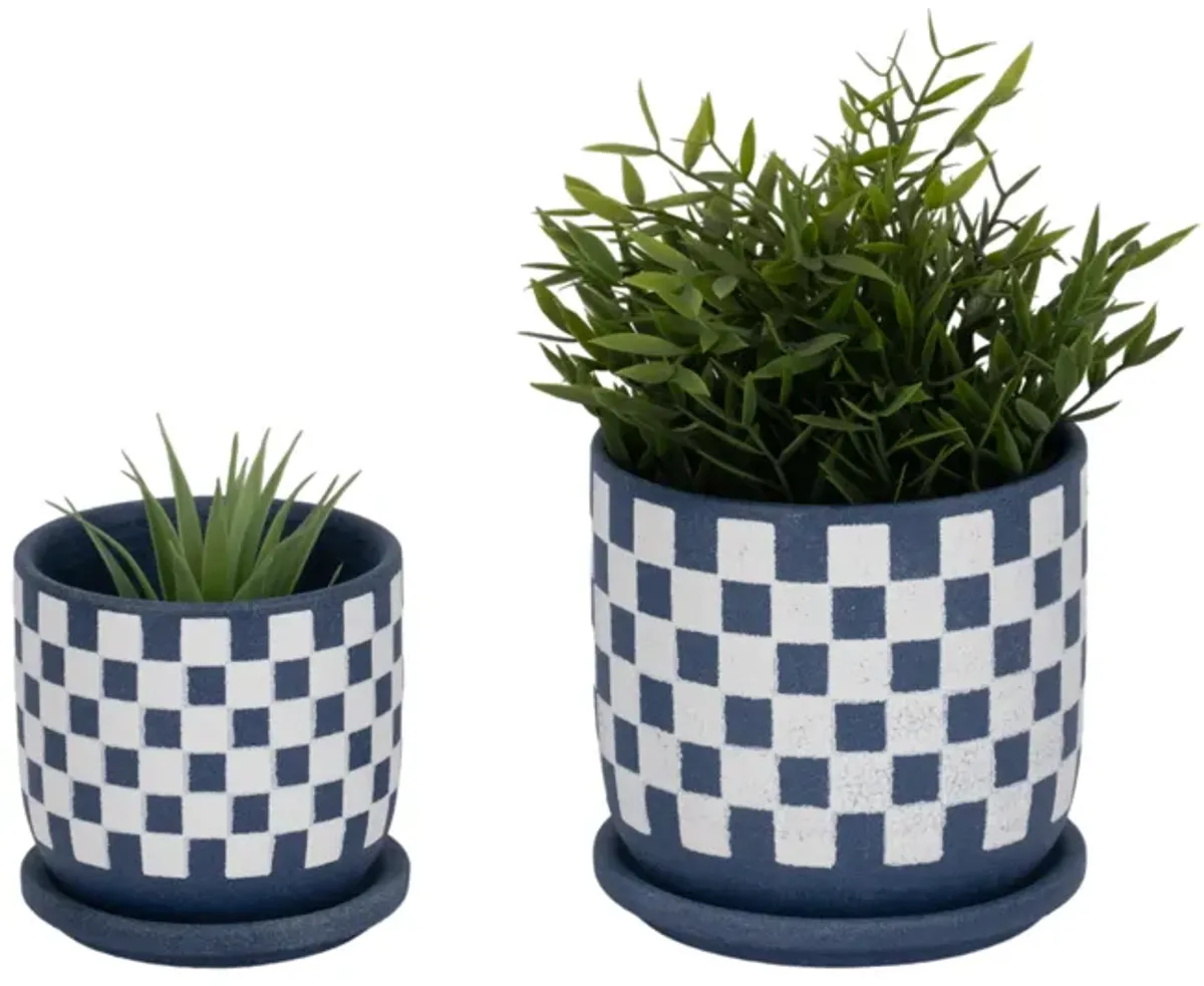 S/2 5/6" Checkerboard Saucer Planters, Blue/white