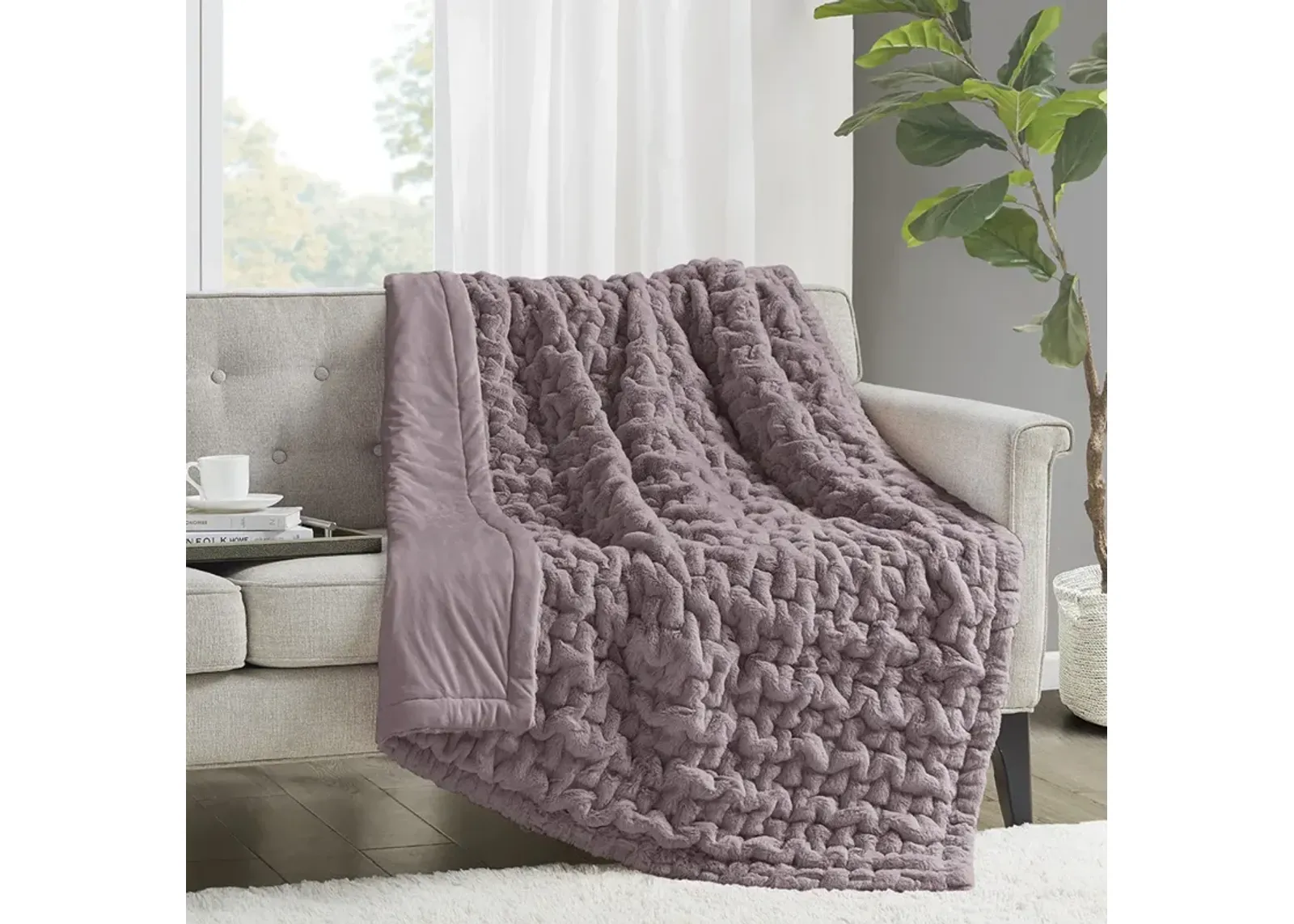 Madison Park Ruched Fur Lavender Throw