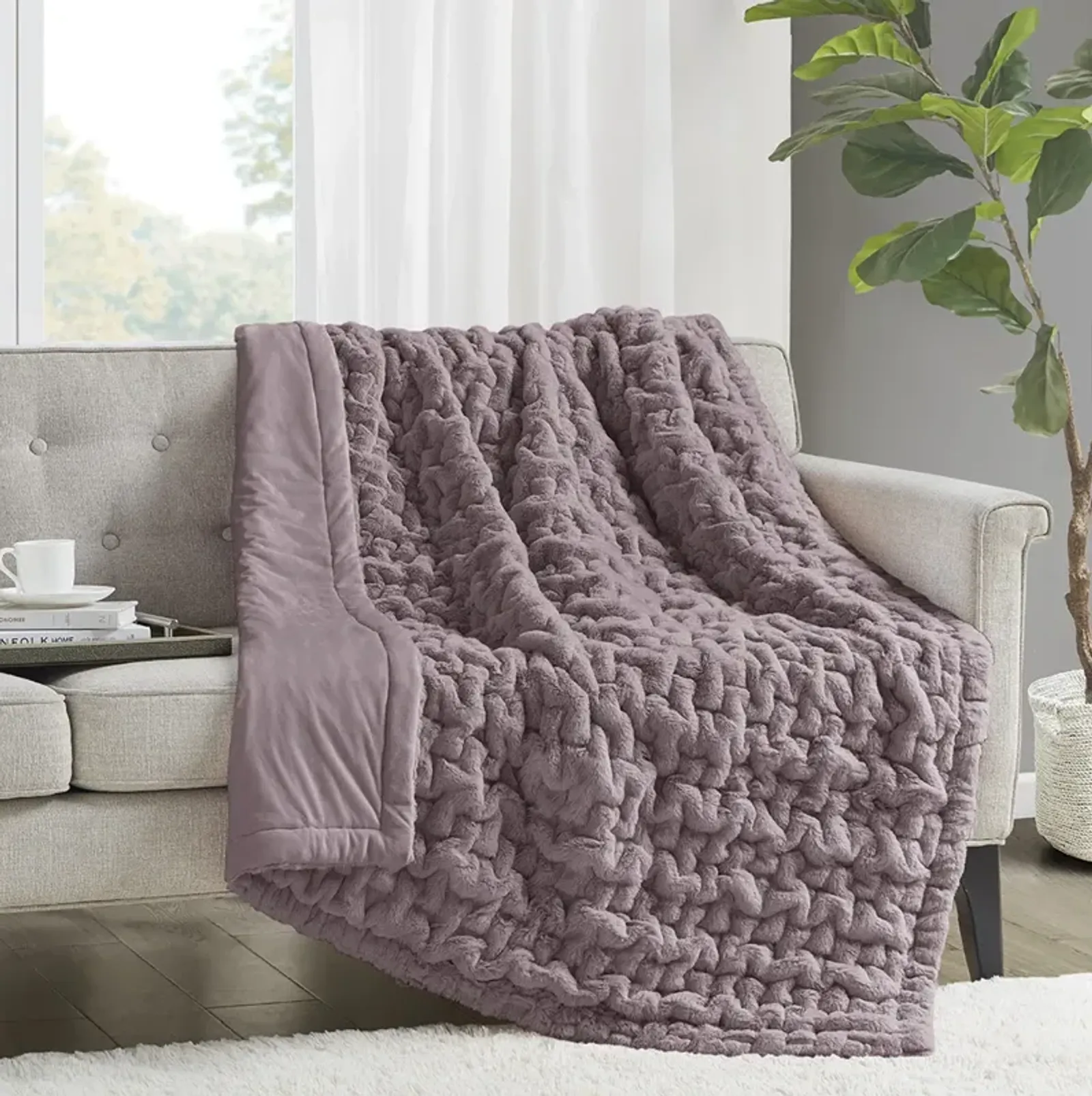 Madison Park Ruched Fur Lavender Throw