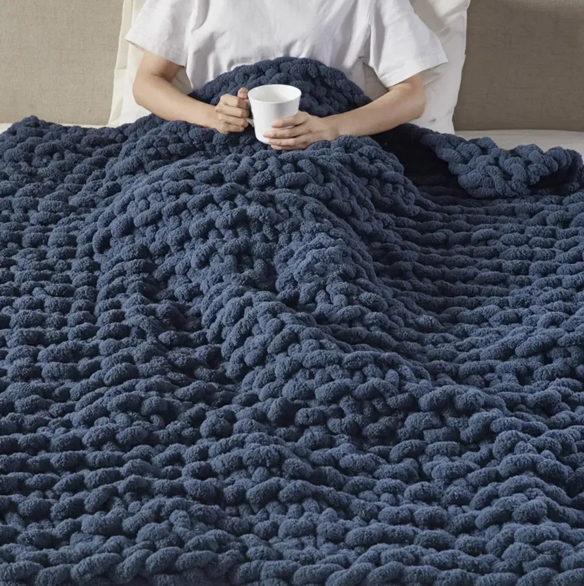 Madison Park Chenille Chunky Knit Navy Blue Throw