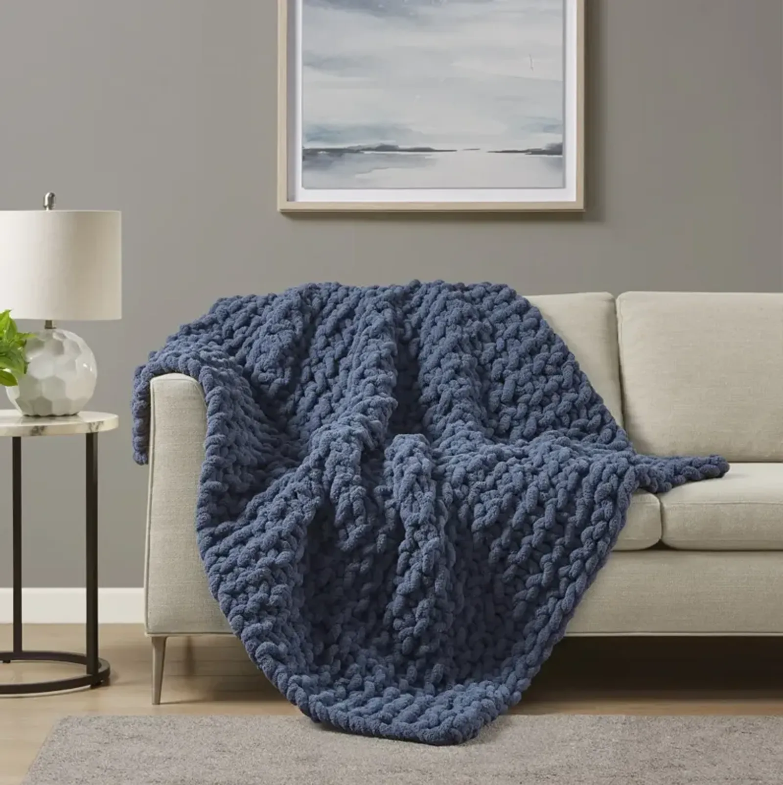 Madison Park Chenille Chunky Knit Navy Blue Throw