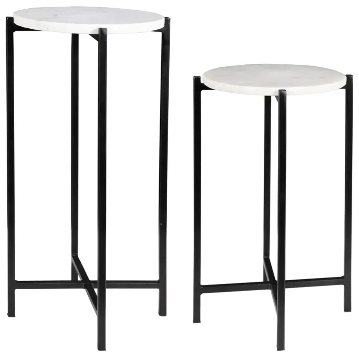 White Marble Top And Iron Black Matte Powder Coated Frames Tables - Set Of 2 End Tables