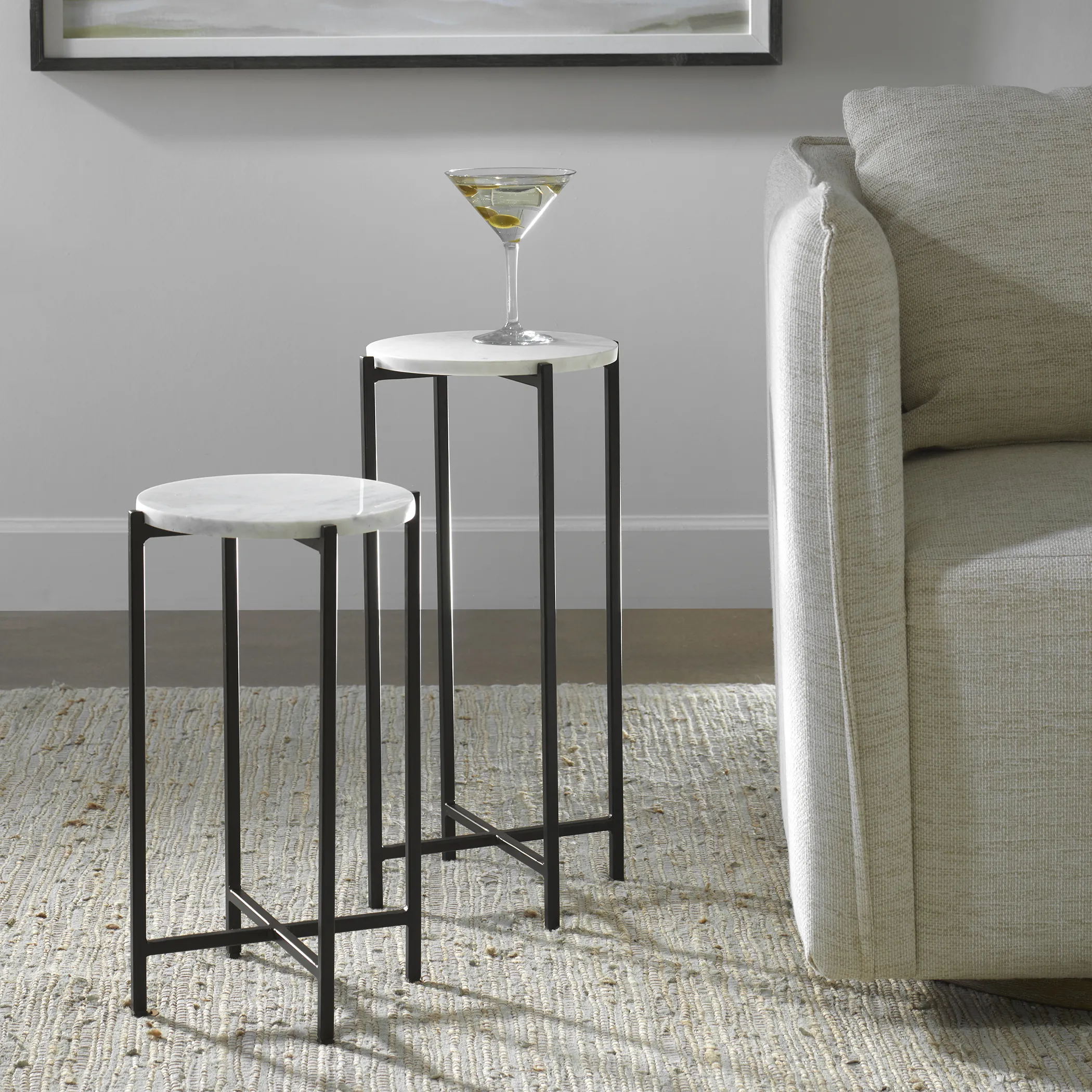 White Marble Top And Iron Black Matte Powder Coated Frames Tables - Set Of 2 End Tables