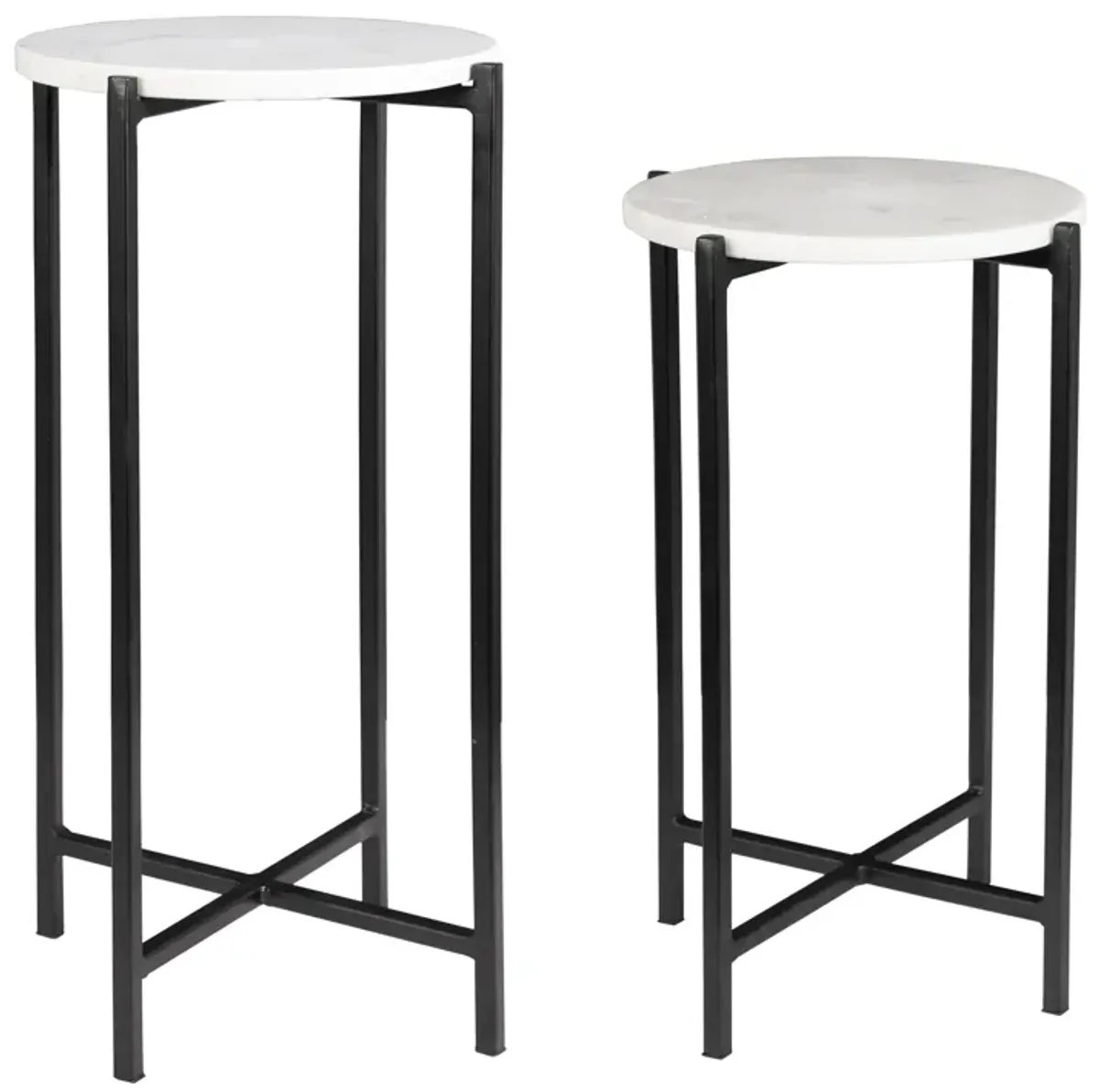 White Marble Top And Iron Black Matte Powder Coated Frames Tables - Set Of 2 End Tables