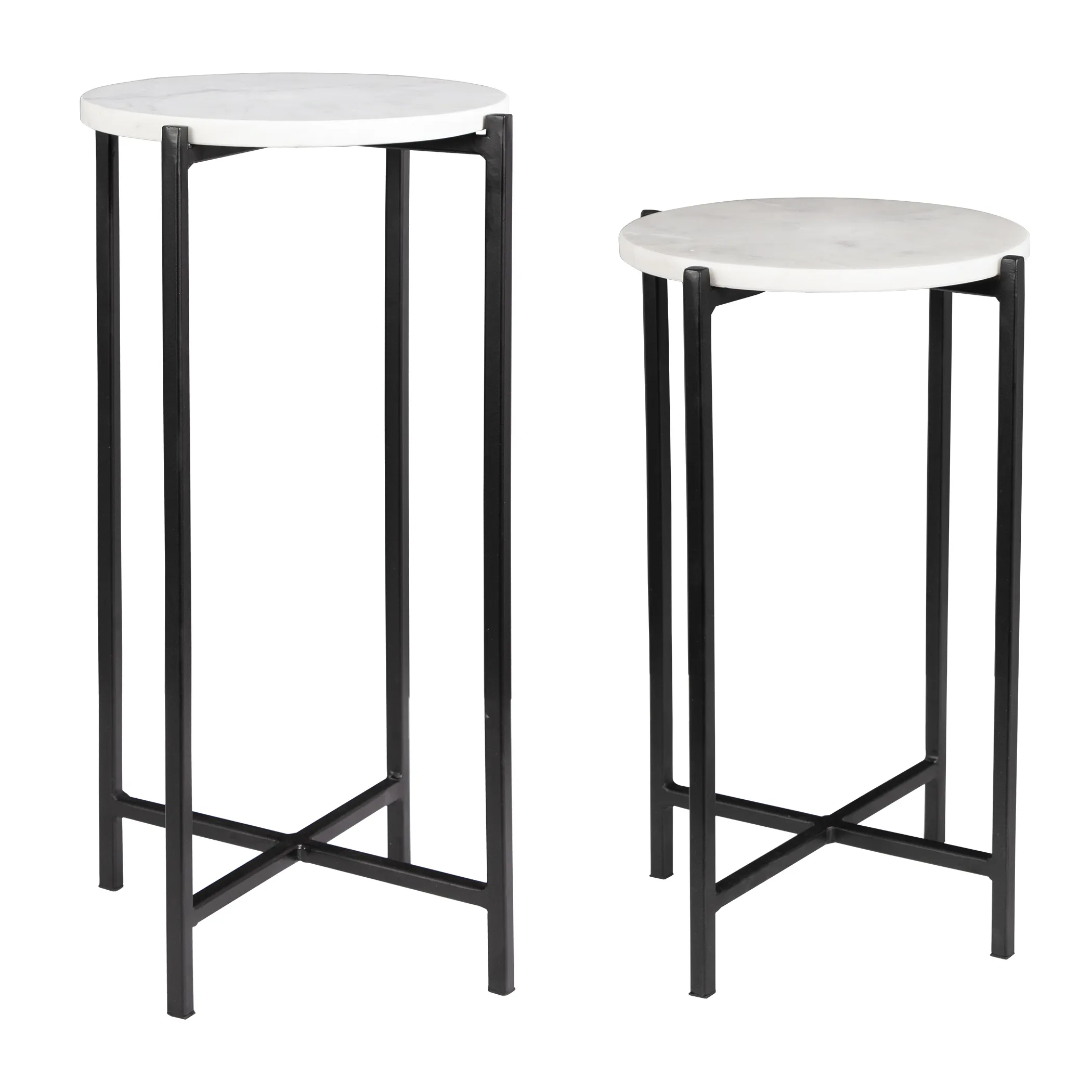 White Marble Top And Iron Black Matte Powder Coated Frames Tables - Set Of 2 End Tables