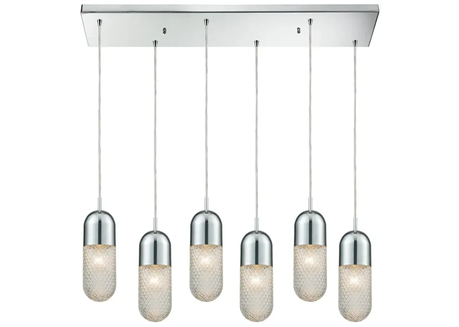 Capsula 6-Light Rectangular Pendant Fixture in Polished Chrome with Clear Textured Glass