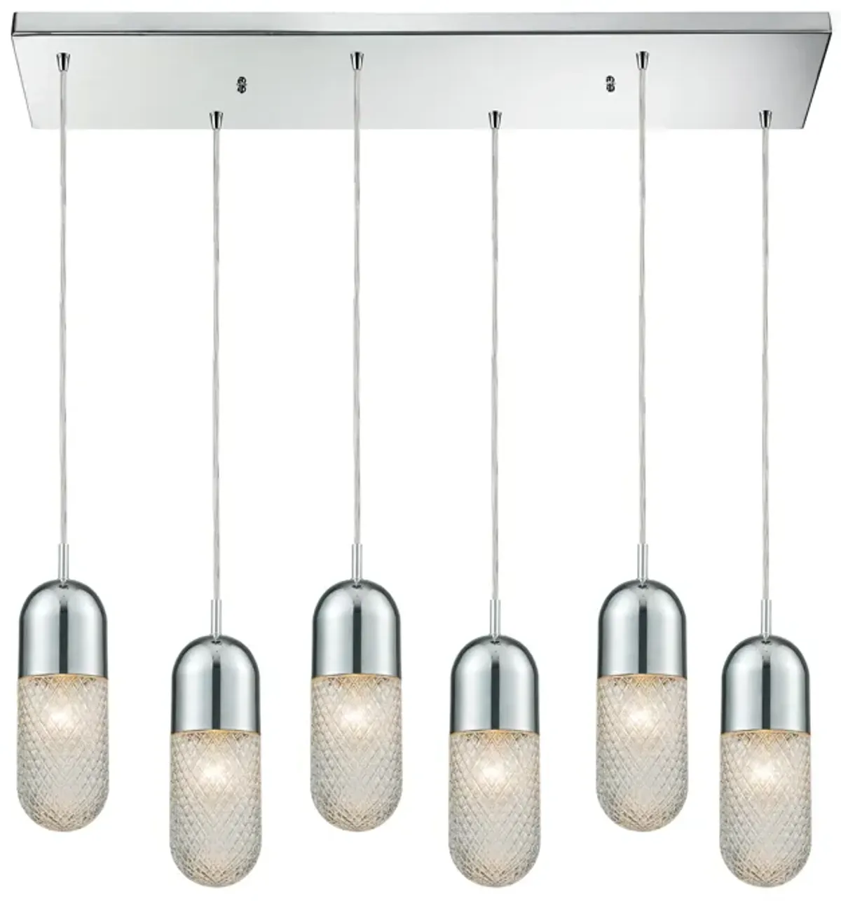 Capsula 6-Light Rectangular Pendant Fixture in Polished Chrome with Clear Textured Glass