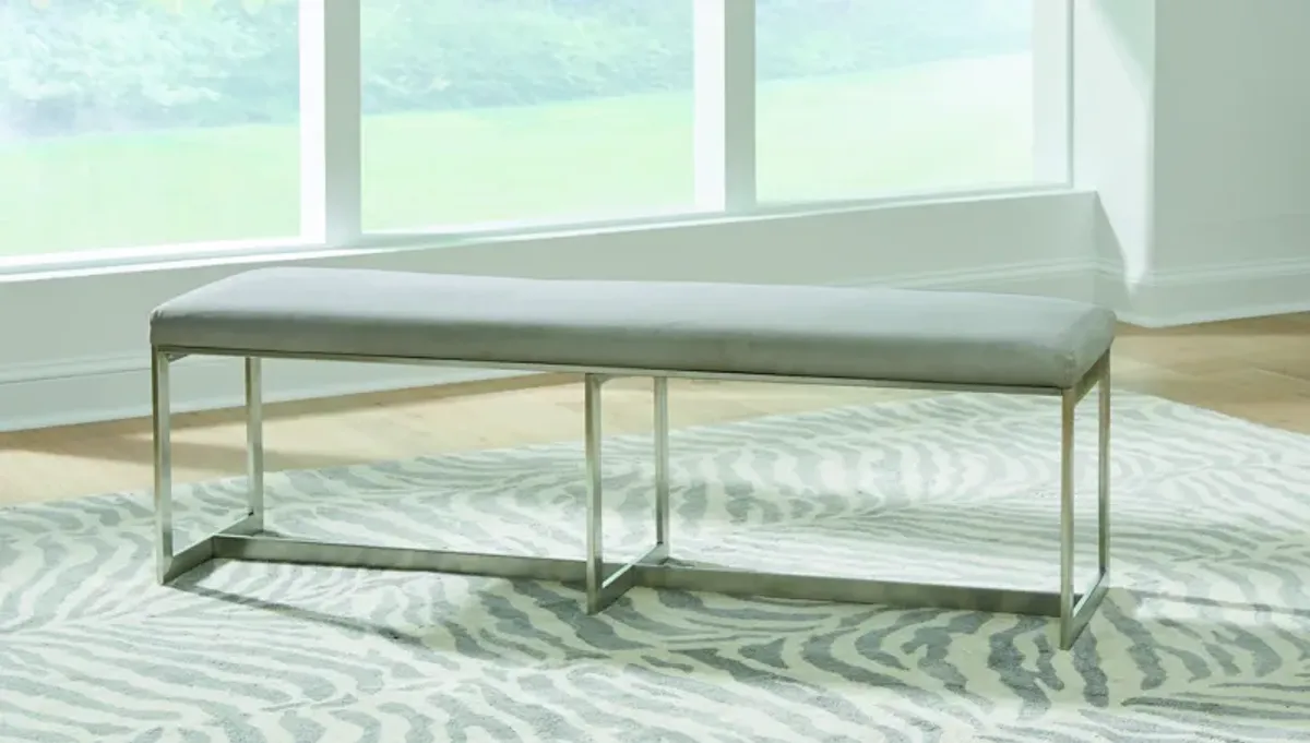 Eliza Upholstered Dining Bench in Dove and Brushed Stainless Steel