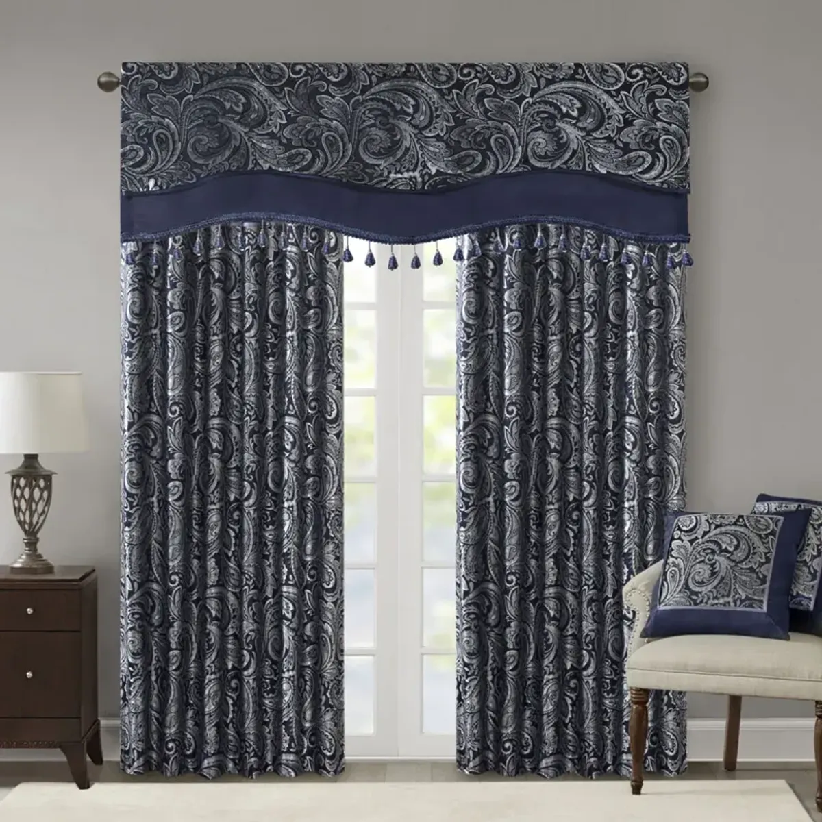 Madison Park Aubrey Navy Jacquard Window Rod Pocket Valance With Beads