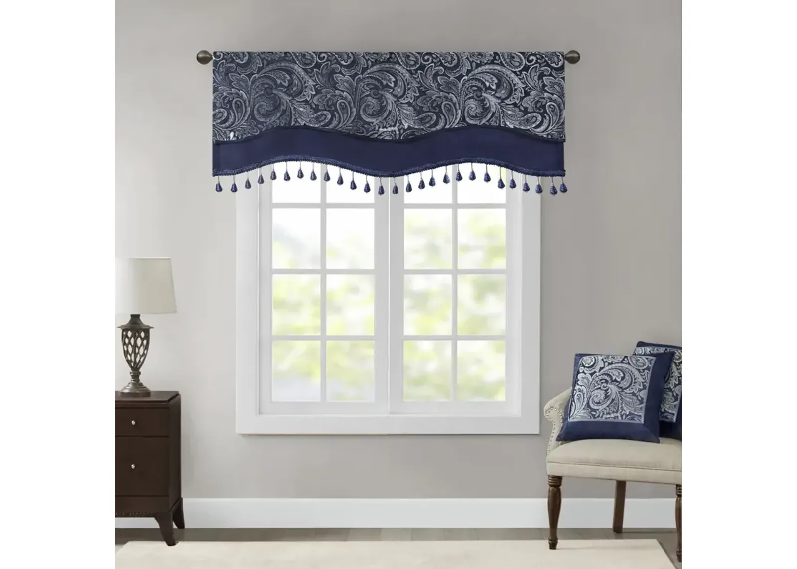 Madison Park Aubrey Navy Jacquard Window Rod Pocket Valance With Beads