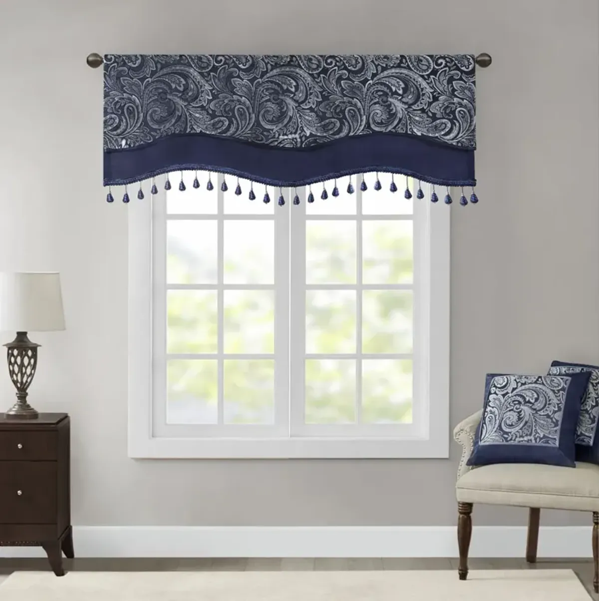 Madison Park Aubrey Navy Jacquard Window Rod Pocket Valance With Beads