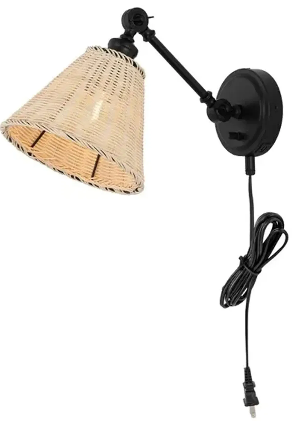 OSWYNN, 15 INCH, NATURAL/BLACK, RATTAN/IRON WALL SCONCE SET OF 2 W/ USB PORT?