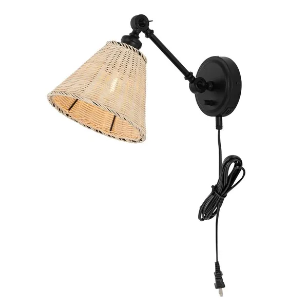 OSWYNN, 15 INCH, NATURAL/BLACK, RATTAN/IRON WALL SCONCE SET OF 2 W/ USB PORT?