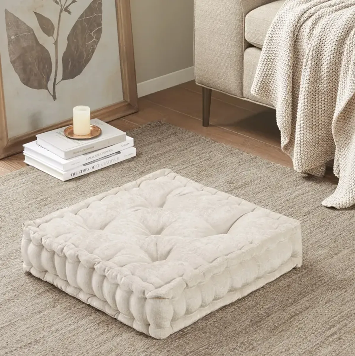 Intelligent Design Azza Ivory Poly Chenille Square Floor Pillow Cushion