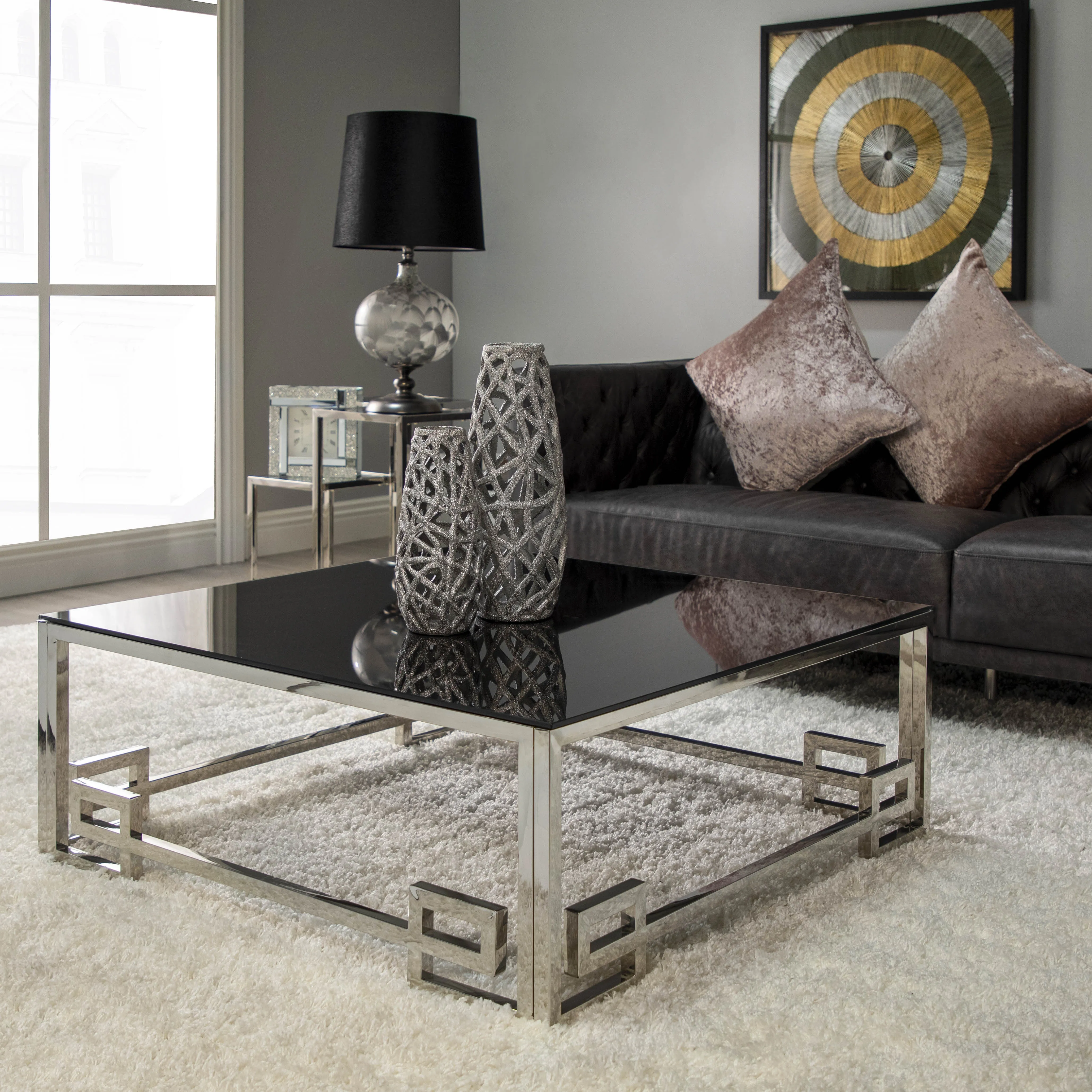 Stainless Steel Cocktail Table, Silver/black Glass