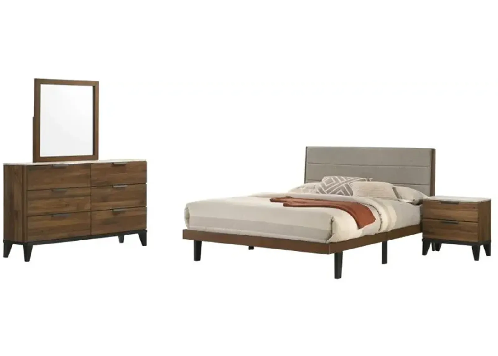 Mays 4-piece Upholstered Queen Bedroom Set Walnut Brown and Grey