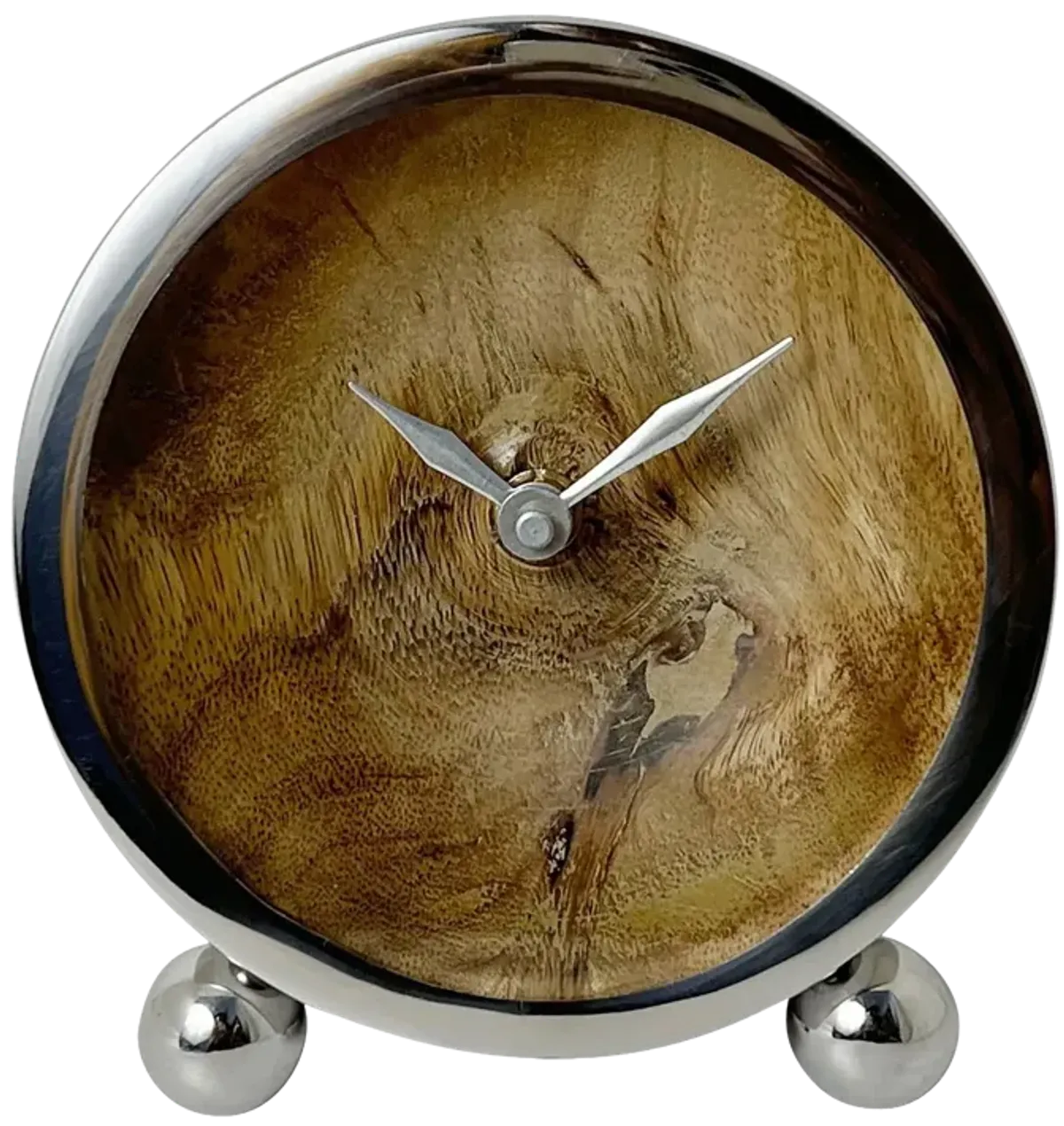 Metal, 5" Round Wood Face Table Clock, Silver