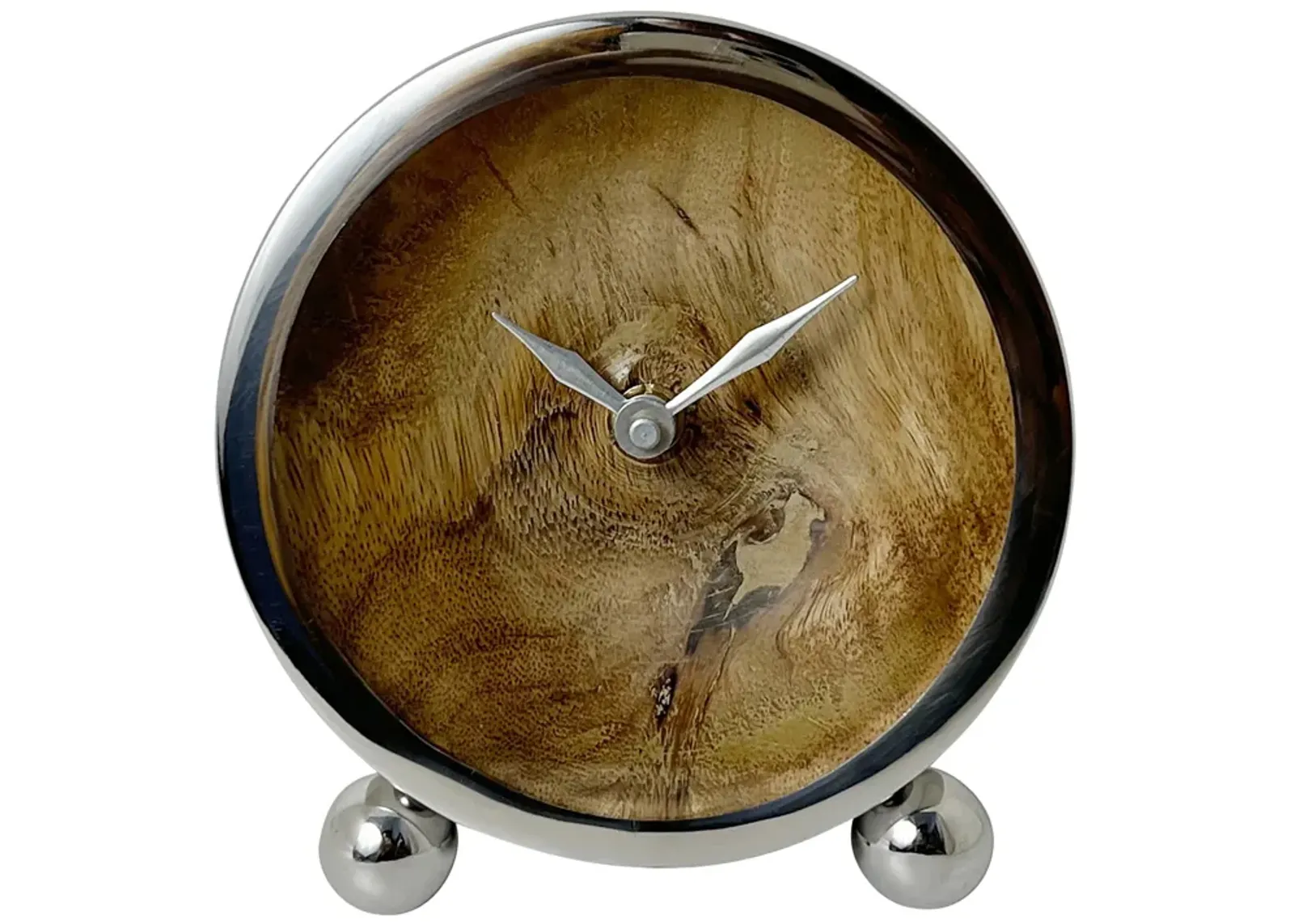 Metal, 5" Round Wood Face Table Clock, Silver