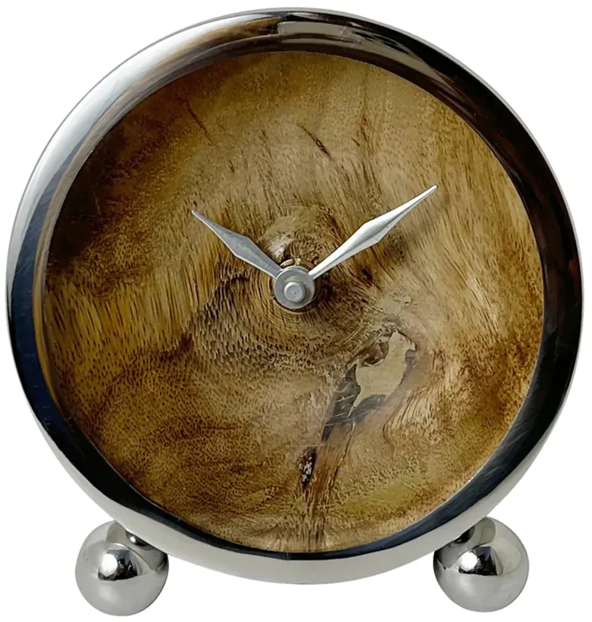 Metal, 5" Round Wood Face Table Clock, Silver