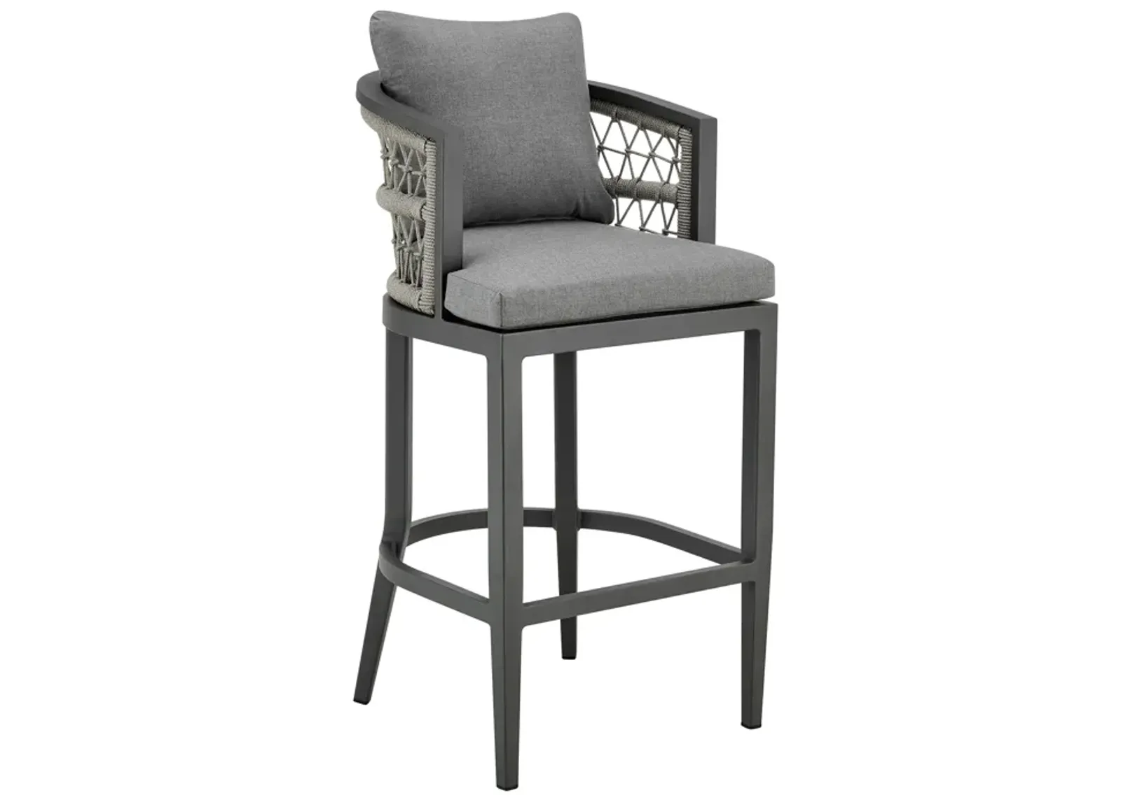 Zella Outdoor Patio Counter Stool in Aluminum with Light Gray Rope and Earl Gray Cushions