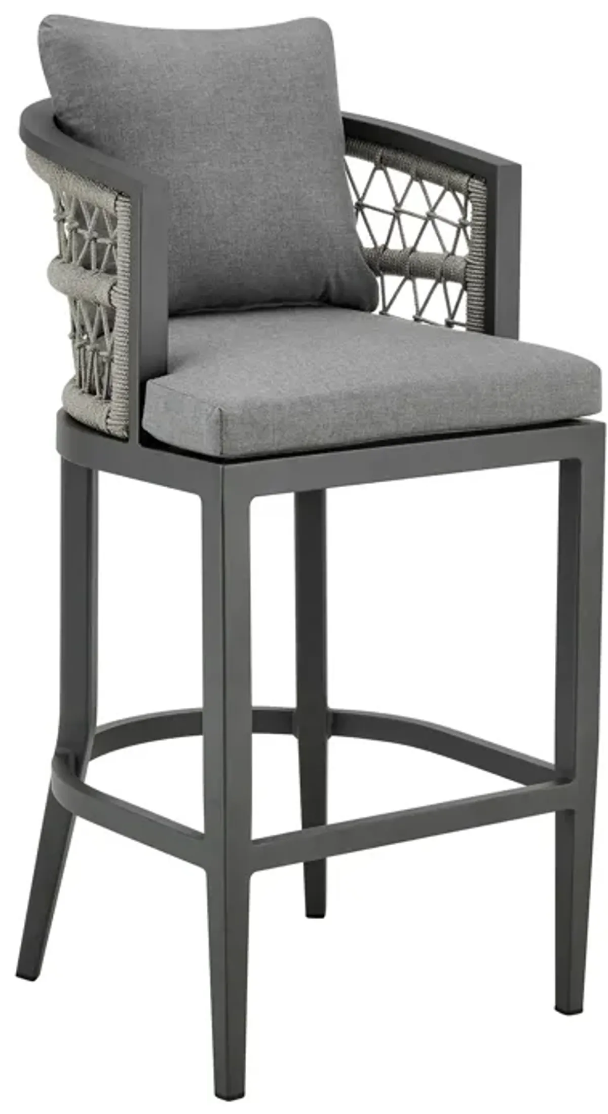 Zella Outdoor Patio Counter Stool in Aluminum with Light Gray Rope and Earl Gray Cushions