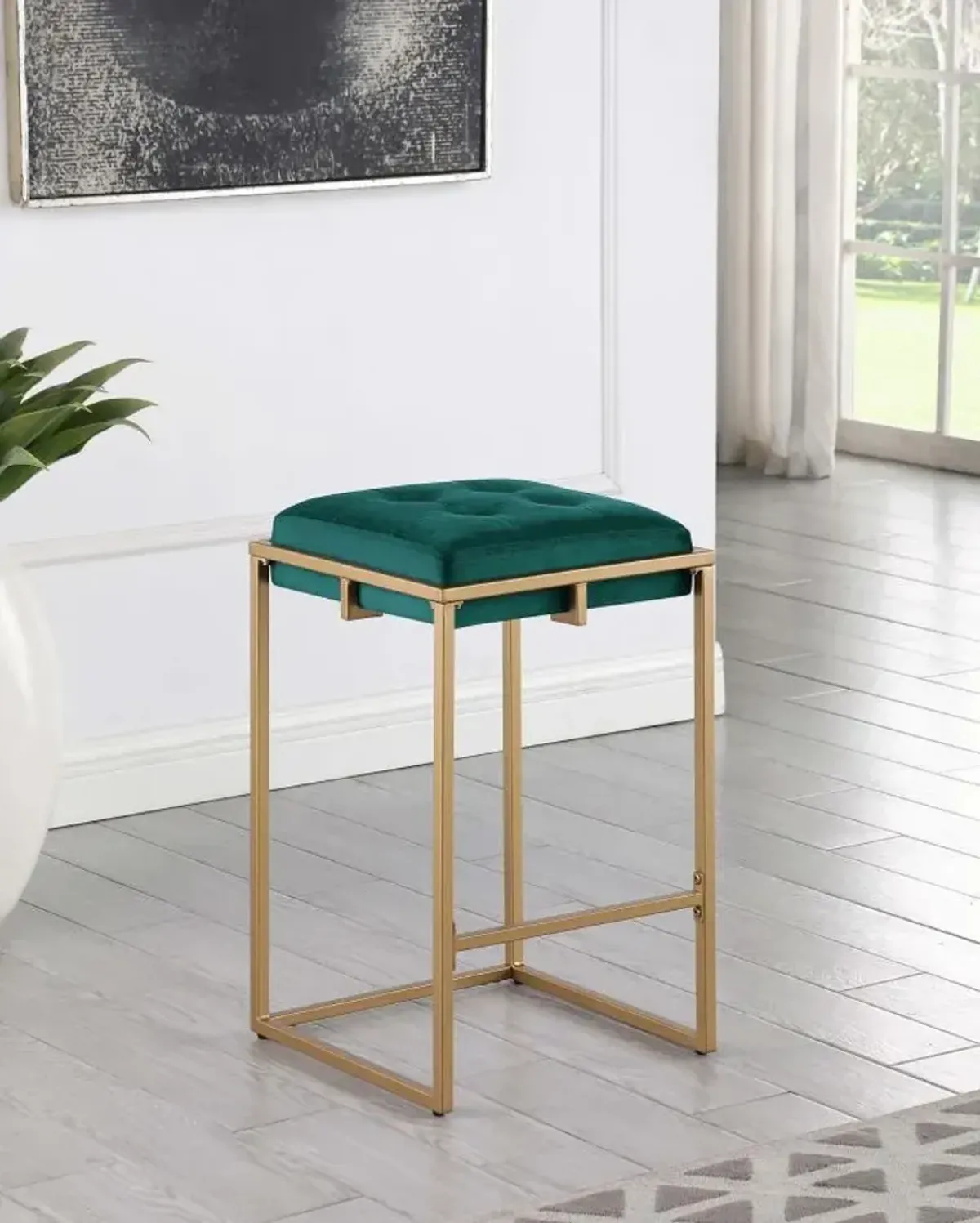 Nadia Square Padded Seat Counter Height Stool (Set of 2) Hunter Green and Gold