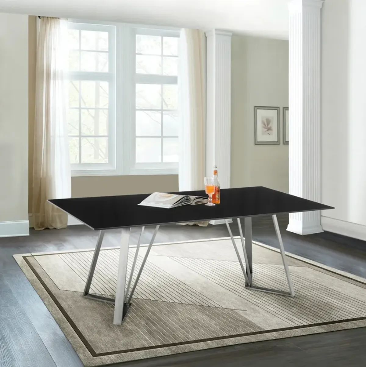 Cressida Glass and Stainless Steel Rectangular Dining Room Table