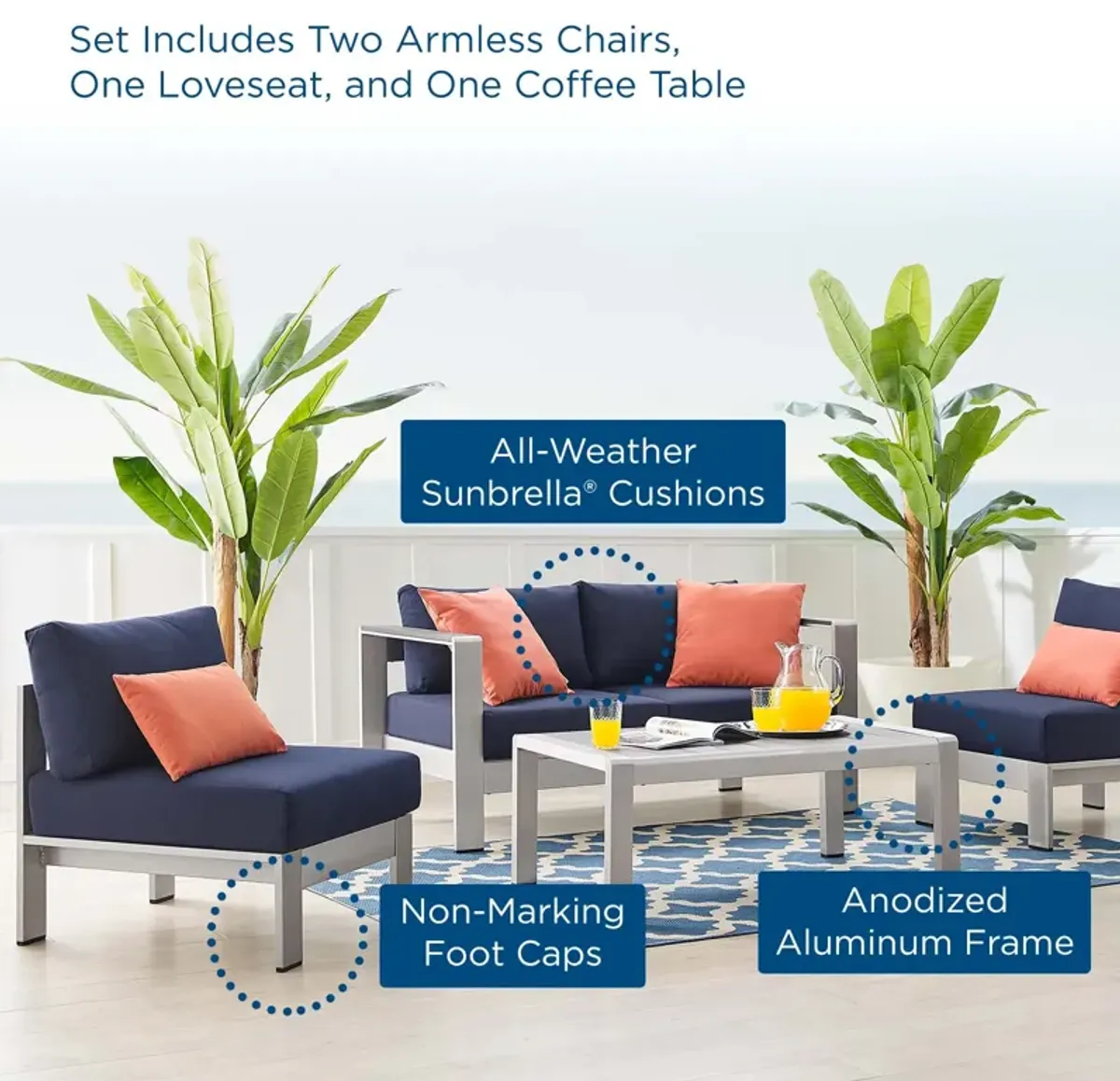 Shore Sunbrella® Fabric Outdoor Patio Aluminum 4 Piece Set