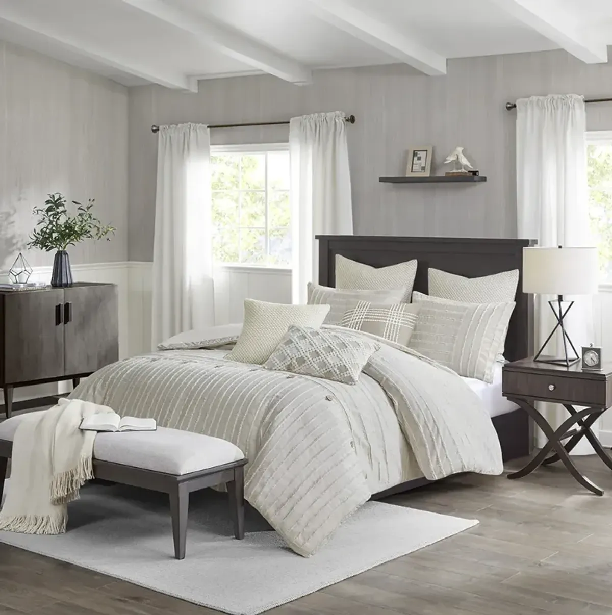 Madison Park Signature Essence Ivory Oversized Cotton Clipped Jacquard Comforter Set with Euro Shams and Throw Pillows