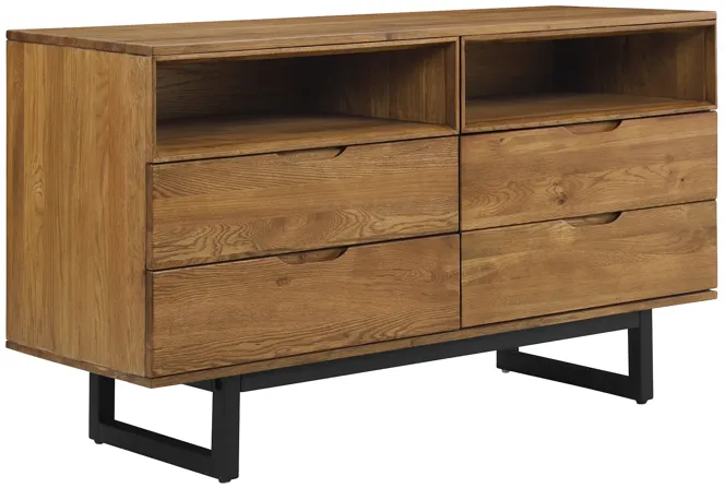 Aldo 4 Drawer Dresser in Brown Oak Wood with Black Metal Legs