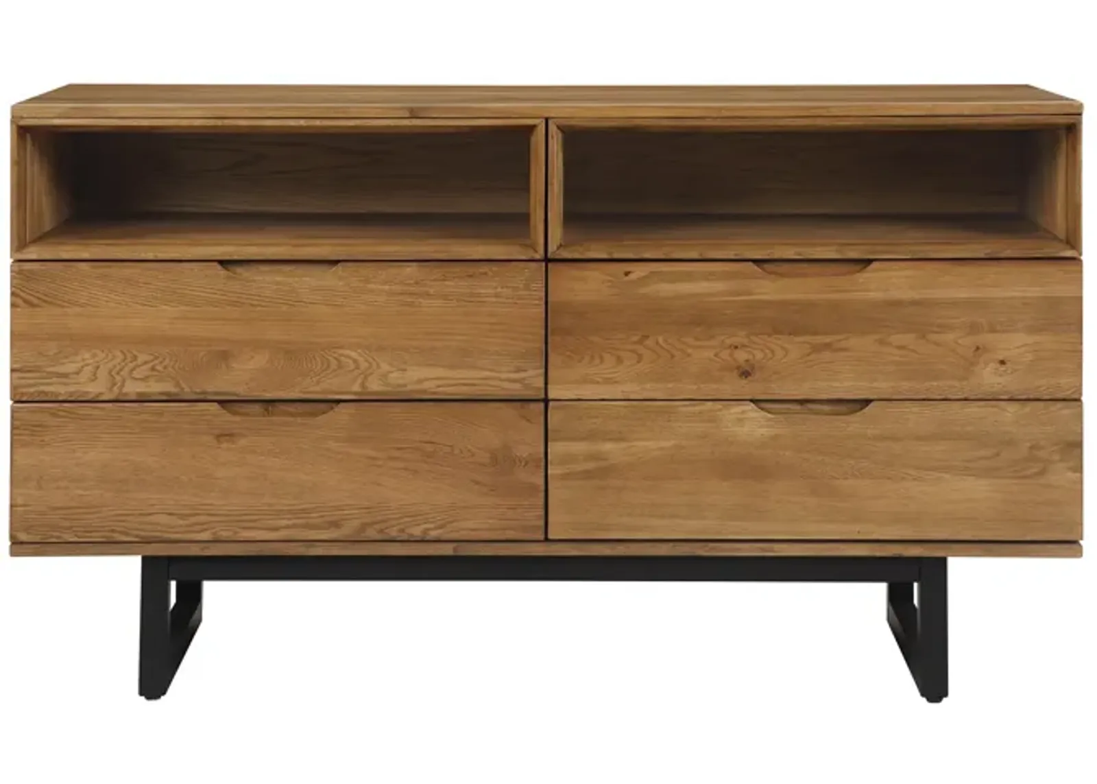 Aldo 4 Drawer Dresser in Brown Oak Wood with Black Metal Legs