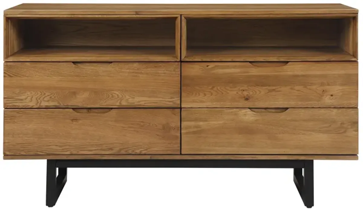 Aldo 4 Drawer Dresser in Brown Oak Wood with Black Metal Legs