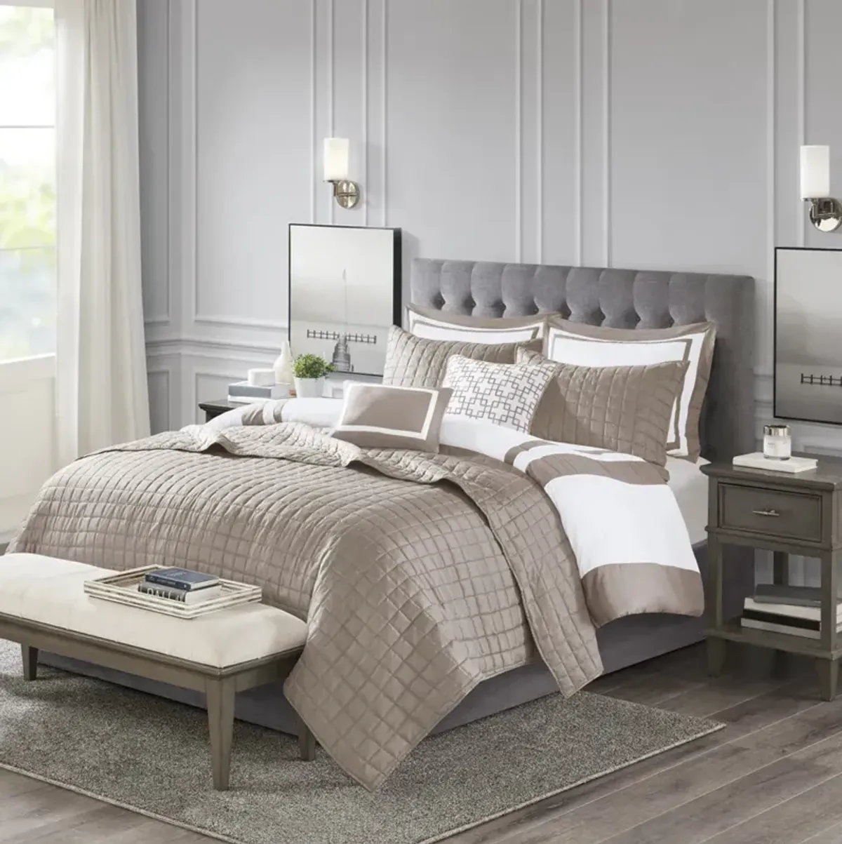 Madison Park Heritage Taupe 8 Piece Comforter and Quilt Set Collection